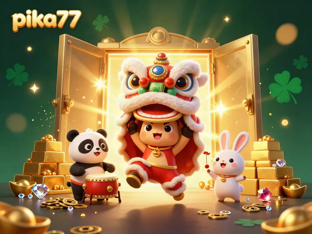 Join the excitement at pika77 with a vibrant illustration of a festive casino scene showcasing winning treasures.