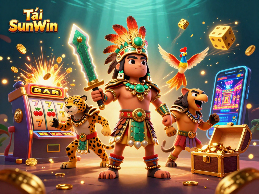 Tải SunWin offers an engaging 3D illustration of an Aztec-themed casino scene featuring jackpot elements and vibrant colors.