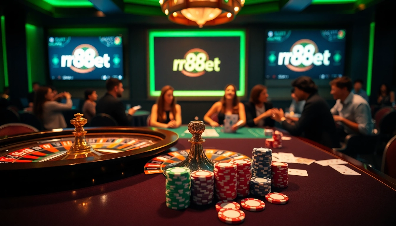Engage in thrilling gameplay at rr88bet with luxurious casino visuals, including roulette and poker elements.