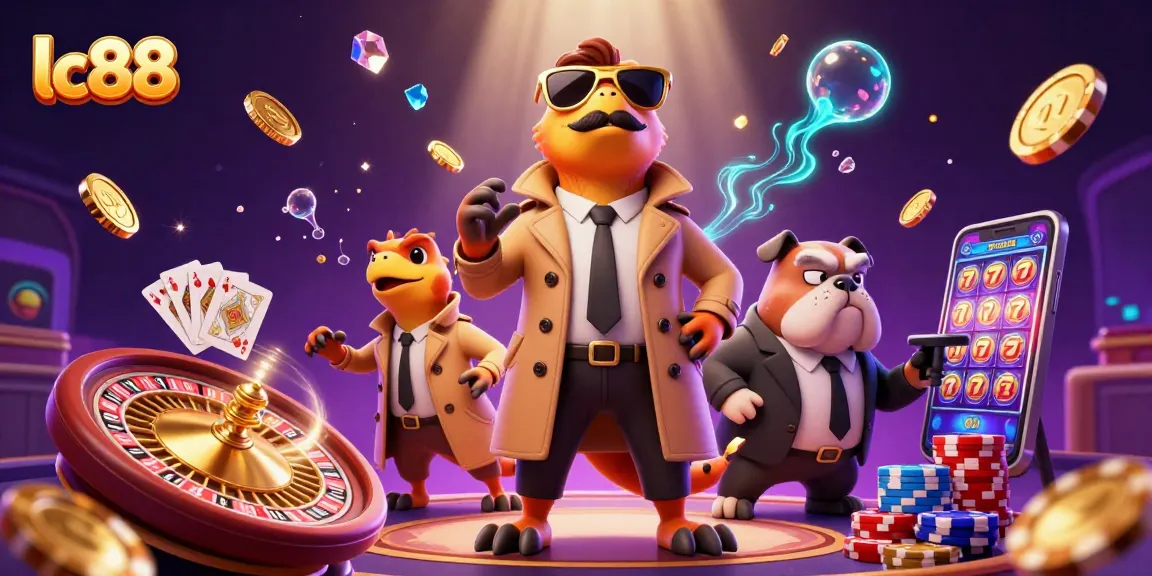 Join the excitement at lc88 as cartoon raptors enter a VIP casino lounge, surrounded by vibrant gaming elements.
