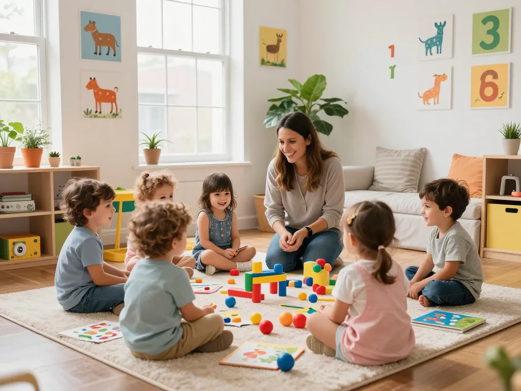 Children's nursery scene featuring playful toddlers engaging in learning activities, showcasing a nurturing environment focused on creativity and development, highlighting panen178.
