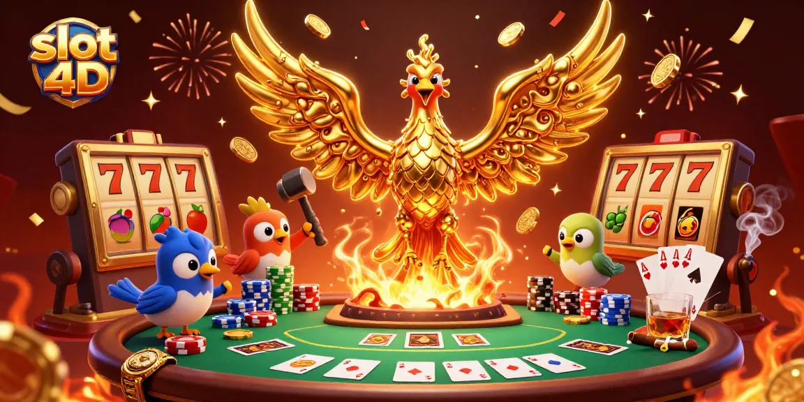 Experience the thrill of slot 4D gameplay with a phoenix and poker elements in dynamic illustration.