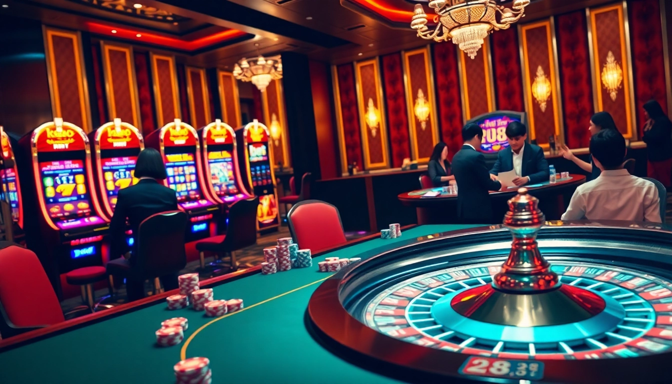 Enjoying high-stakes gaming at a vibrant casino featuring components like keo PU88, poker chips, and roulette wheels.