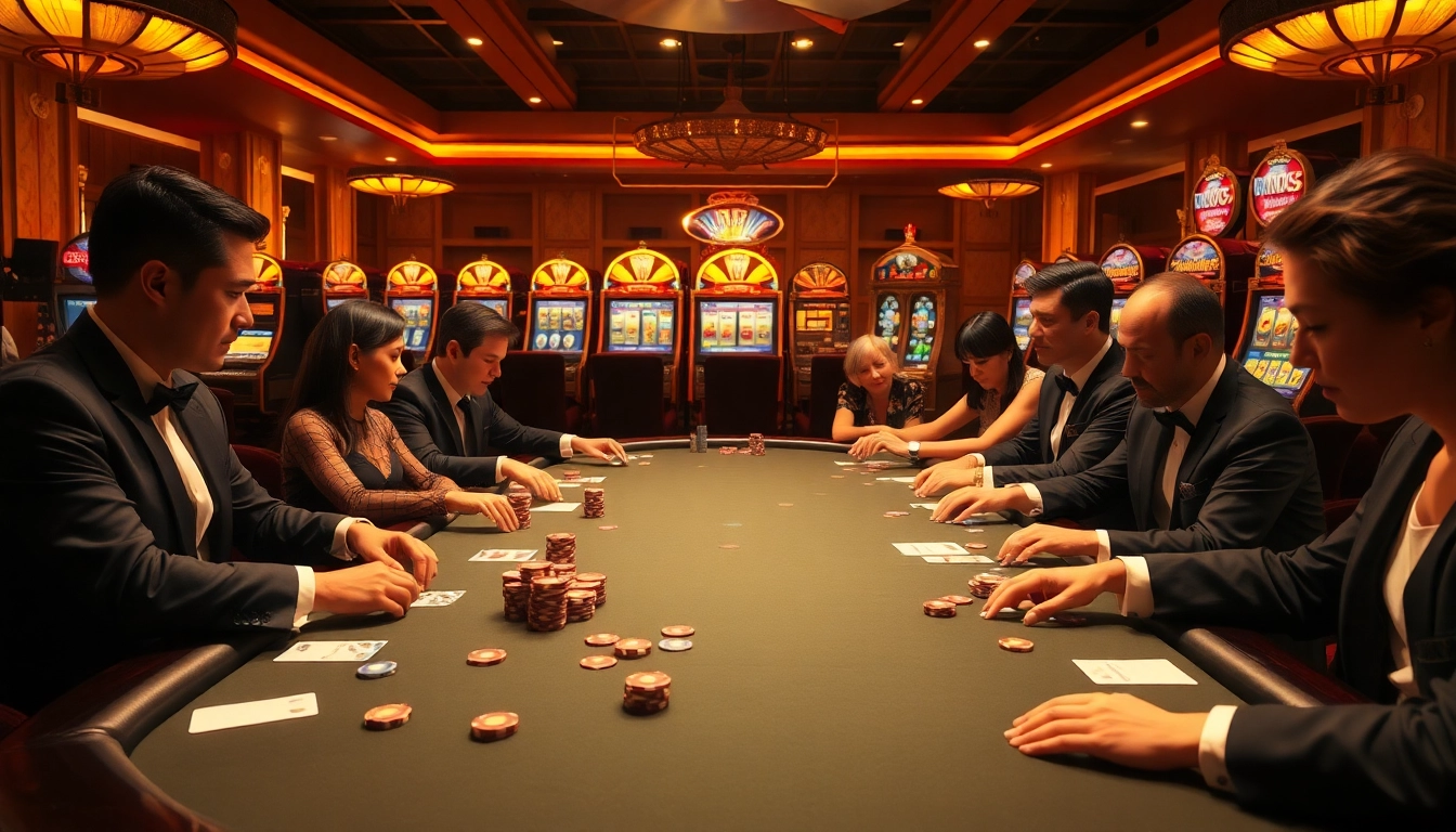 Engaging players at a luxurious poker table representing https://bl555.black in a vibrant casino scene.