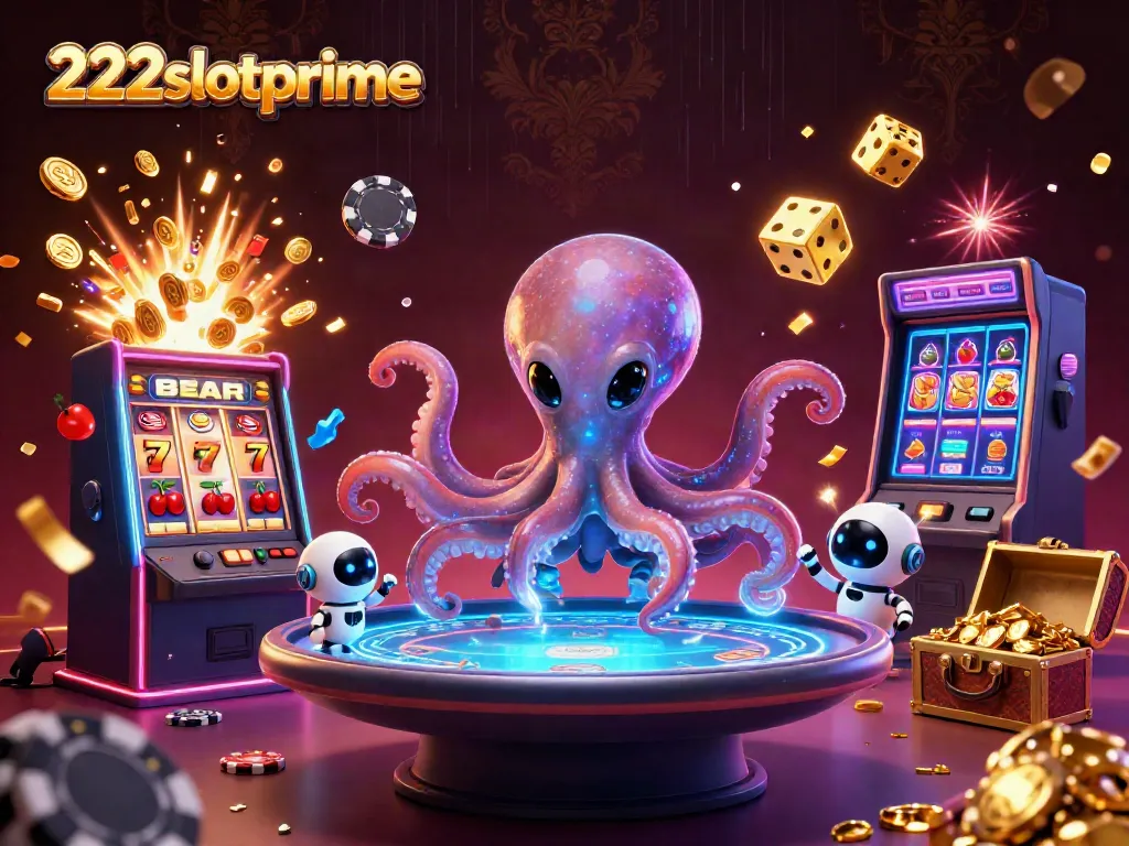 Visualisasi interaktif slot dan permainan kasino 222slotprime dengan karakter alien dan efek jackpot