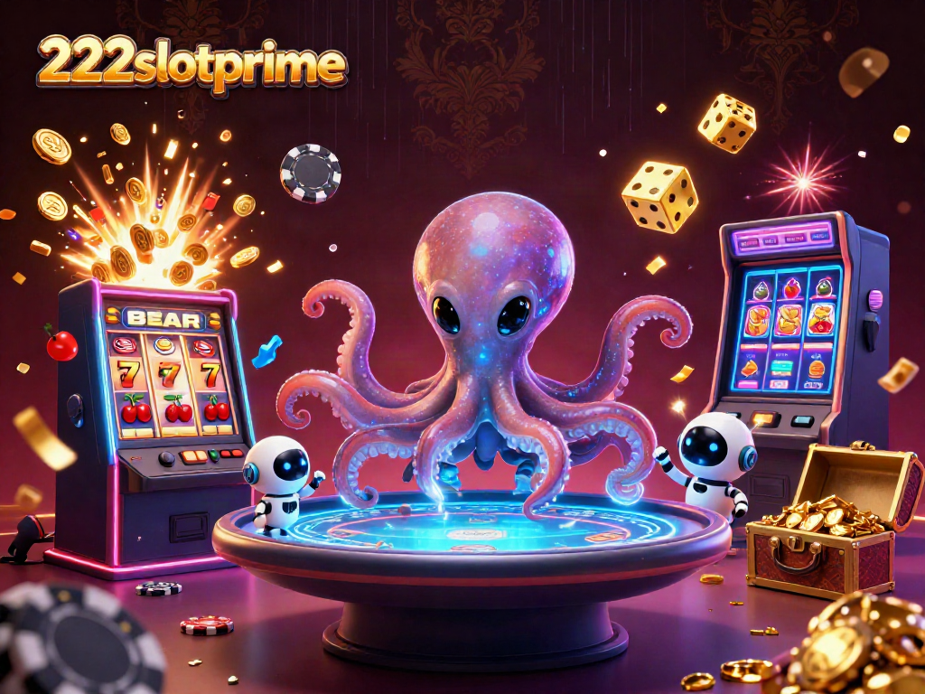 Visualisasi interaktif slot dan permainan kasino 222slotprime dengan karakter alien dan efek jackpot