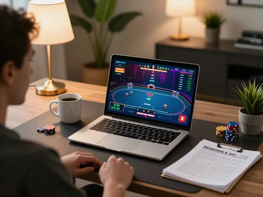 Player engaged in online poker at home, focusing on RR88 SELECT gameplay with strategy notes.