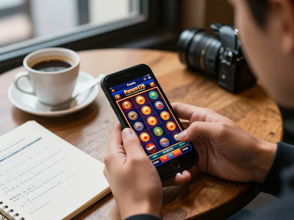 Mengalami pengalaman permainan mobile Panen178 dengan smartphone yang menampilkan mesin slot yang cerah.
