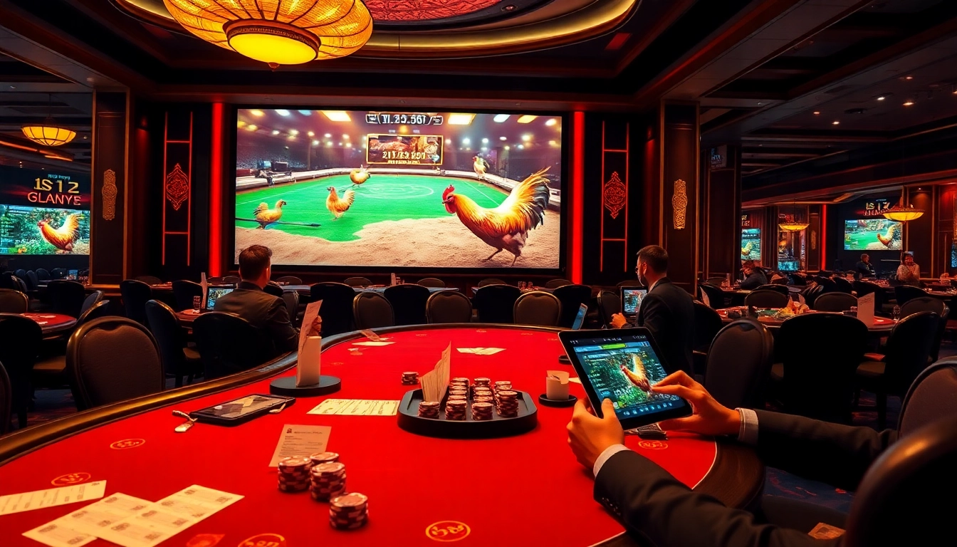 Engaged bettors enjoying sv388 đá gà action, showcasing excitement in a luxurious casino setting.