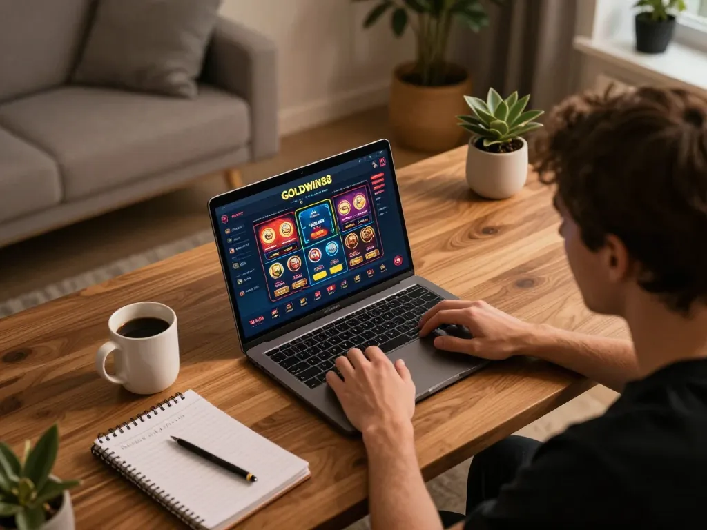 Pemain terlibat dengan permainan kasino GOLDWIN88 di laptop, menangkap momen fokus bermain game online.