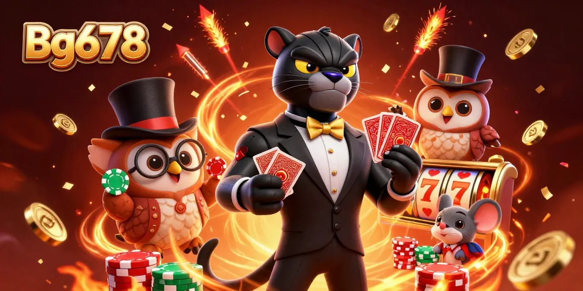 Experience thrilling gameplay with Bg678 as the stylish panther deals cards amidst slot machines.