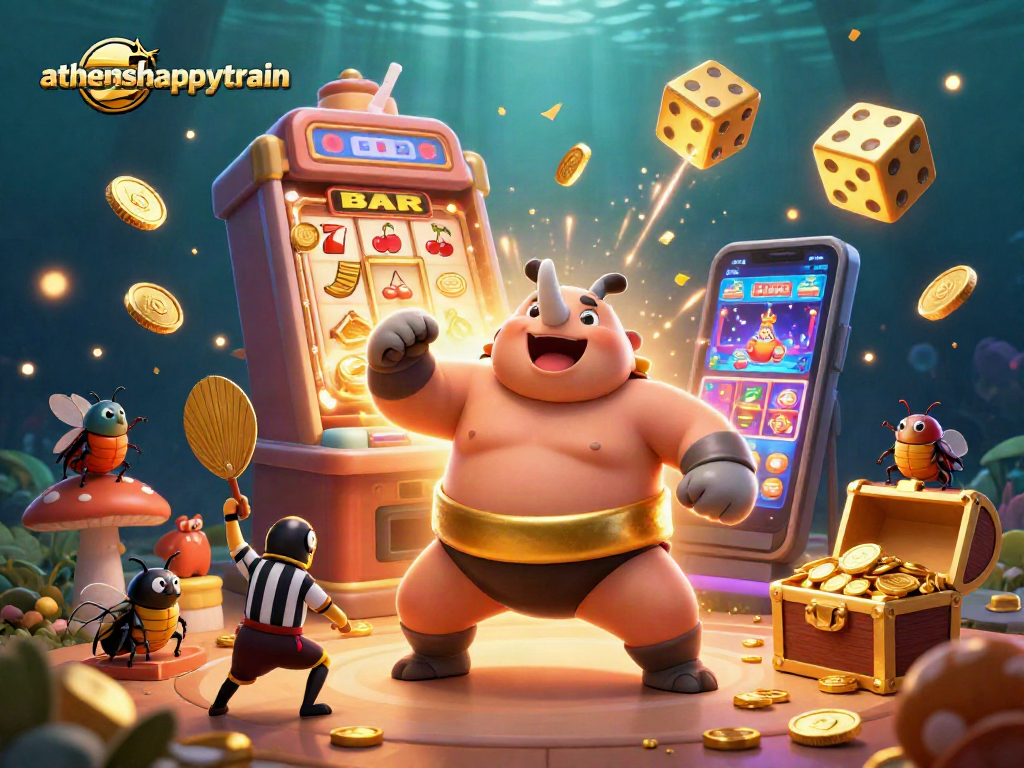 Experience thrilling gameplay with athenshappytrain's jackpot excitement amidst colorful casino elements.