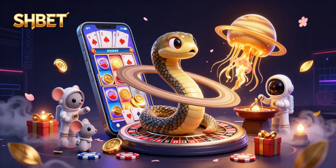 SHBET engages players with a vibrant 3D cosmic gambling scene featuring festive slot games.