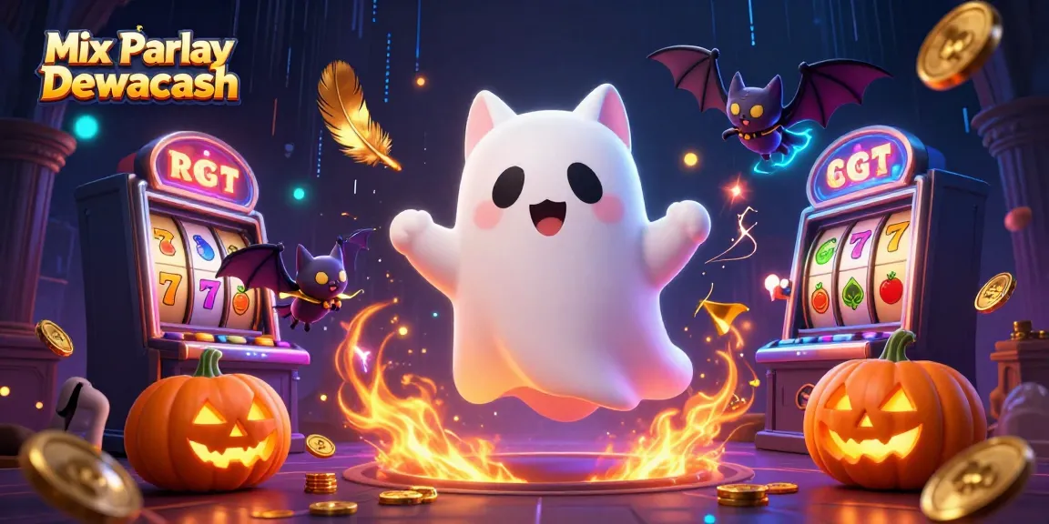 Engage with Mix Parlay Dewacash in this vibrant haunted casino scene featuring a friendly ghost cat.