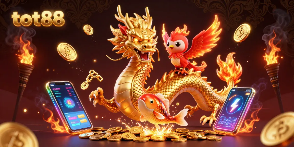 tot88 captures the thrill of winning with a golden Chinese dragon soaring through crypto coins.
