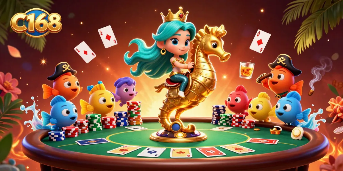 Engage in thrilling gaming action at C168 with vibrant poker elements and a captivating underwater theme.