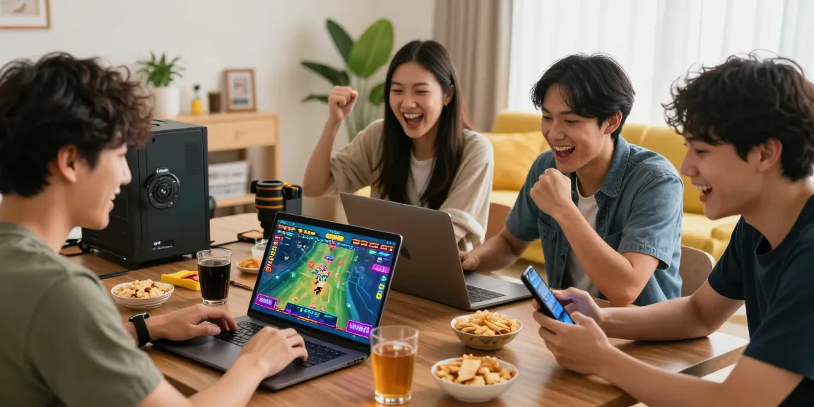 Friends enjoying pajaktoto rtp games on laptop and smartphone in a cozy living room, showcasing excitement and vibrant atmosphere.
