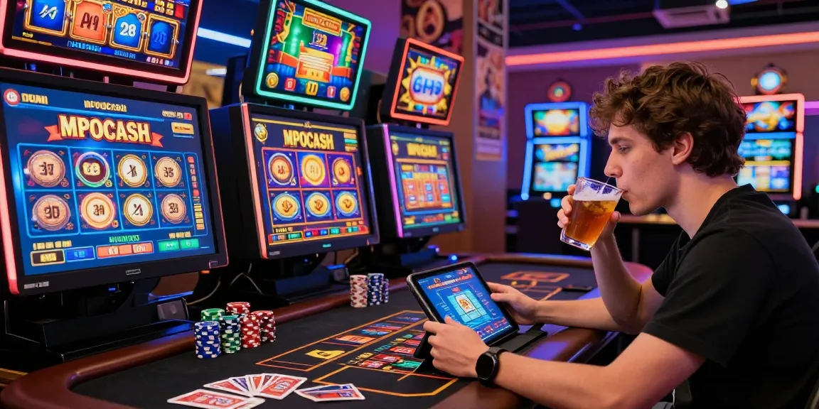 MPOCASH gaming setup showing a player engaged in a thrilling online casino experience surrounded by vibrant screens and colorful game elements.