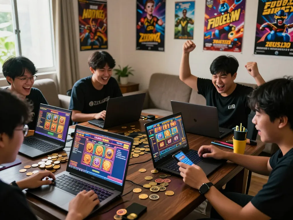 Players enjoying Zeus138 online slot games in a vibrant home setting, showcasing excitement and engagement.
