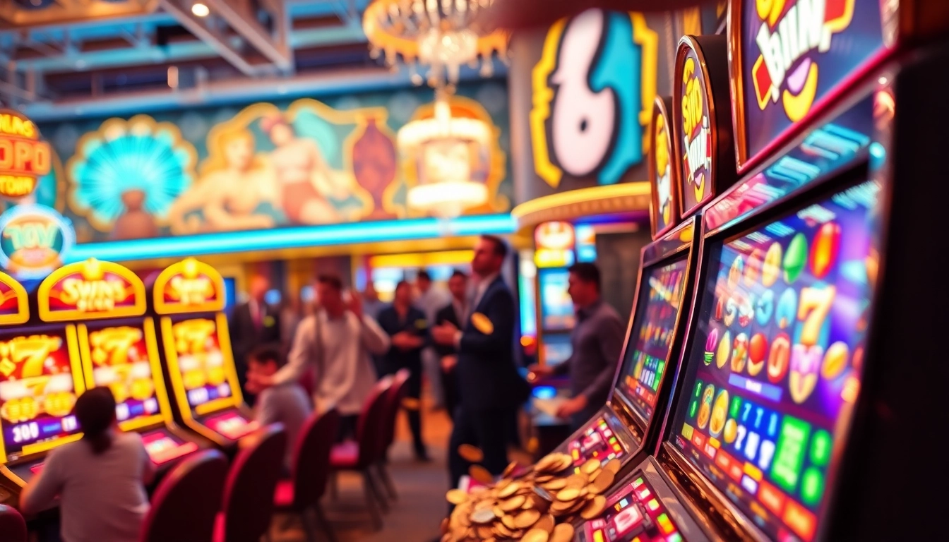 Slot gacor machines shining in a lively casino, attracting enthusiastic players.