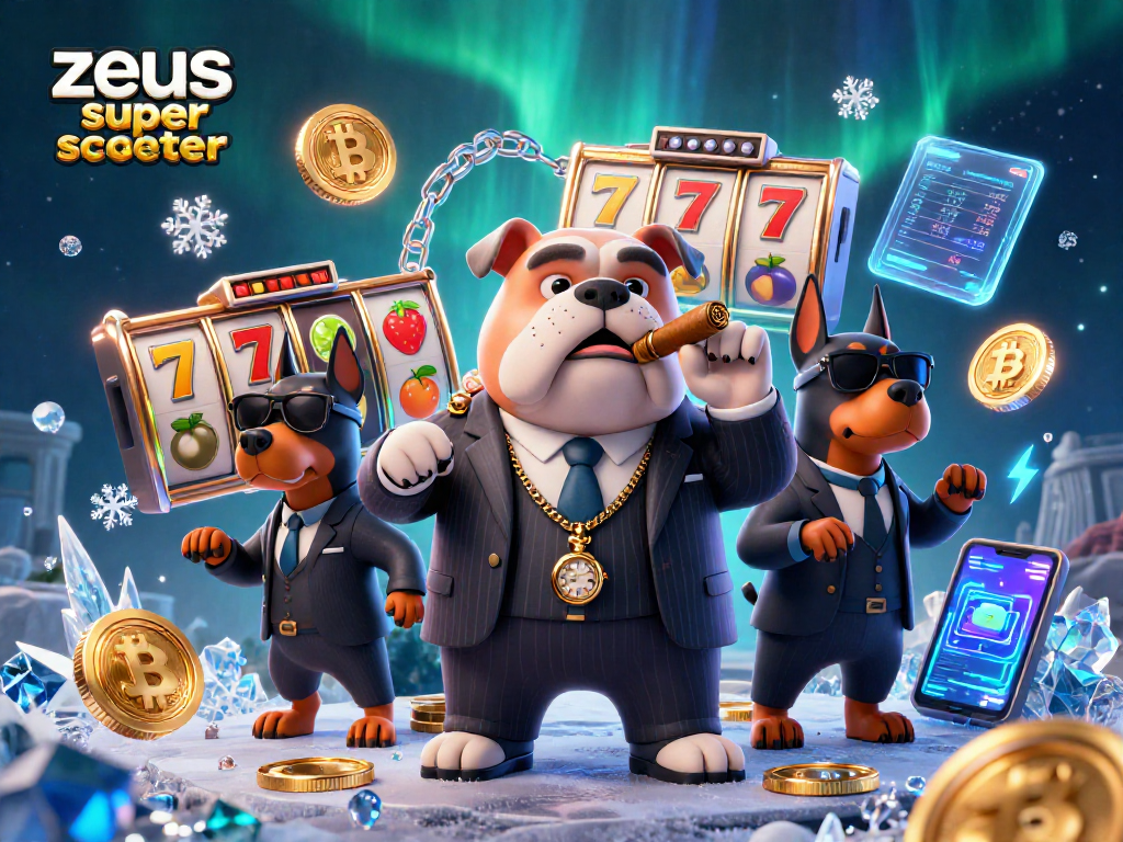 Experience zeus super scatter with a thrilling cartoon scene packed with slot elements and crypto coins.