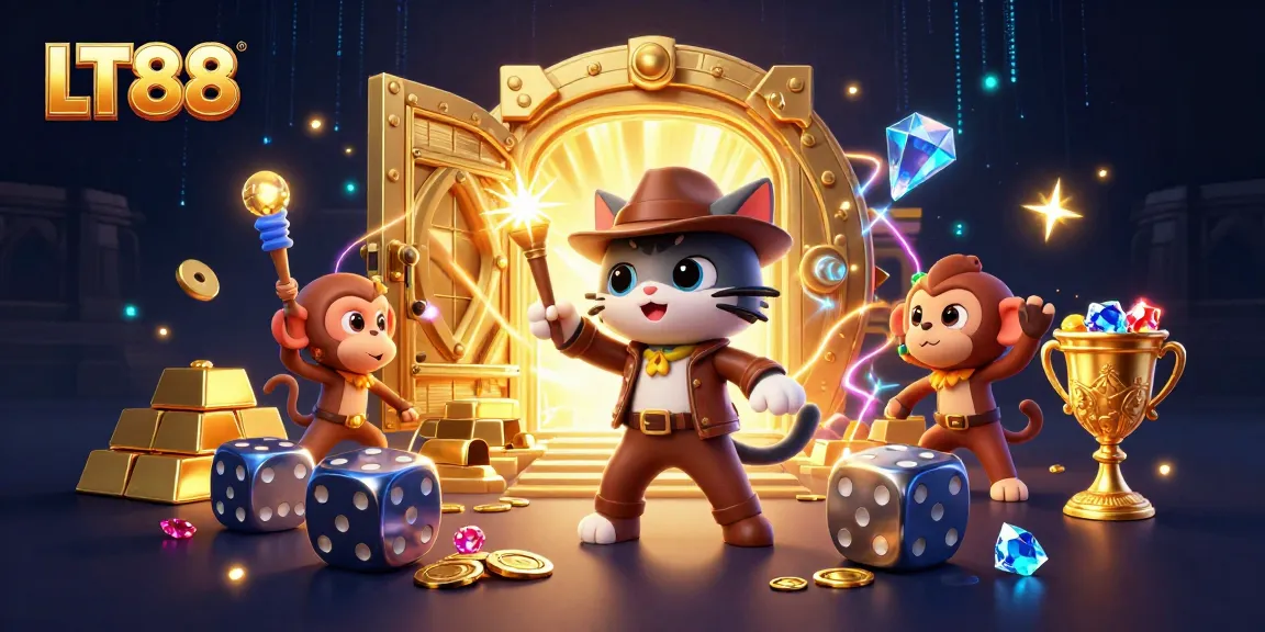 LT88 illustrates an adventurous cat discovering a golden casino artifact amid treasures.