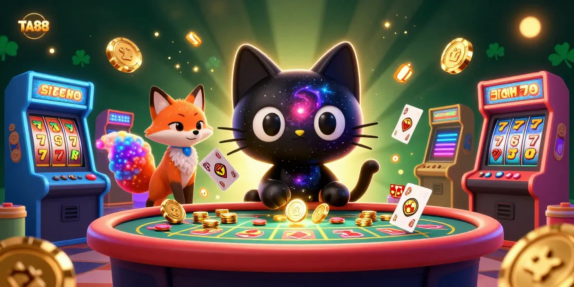 Engaging casino scene featuring TA88 where a cosmic cat and fox attract golden chips and cards.