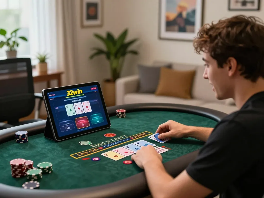 Player enjoying an exciting 32win blackjack game on their tablet at home, focused on strategic betting