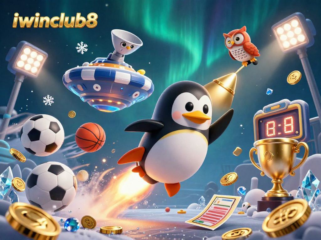 Experience thrilling wins at iwinclub8 with a vibrant 3D illustration of a golden penguin in space.