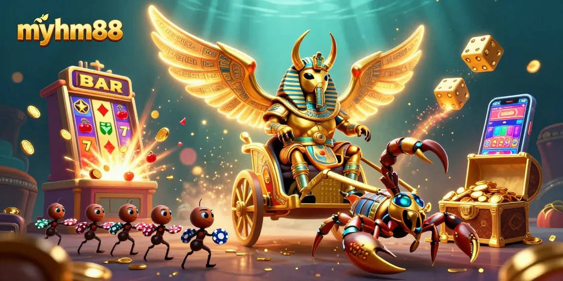 Experience wins at myhm88 with captivating 3D casino-themed illustration showcasing excitement and gaming action.