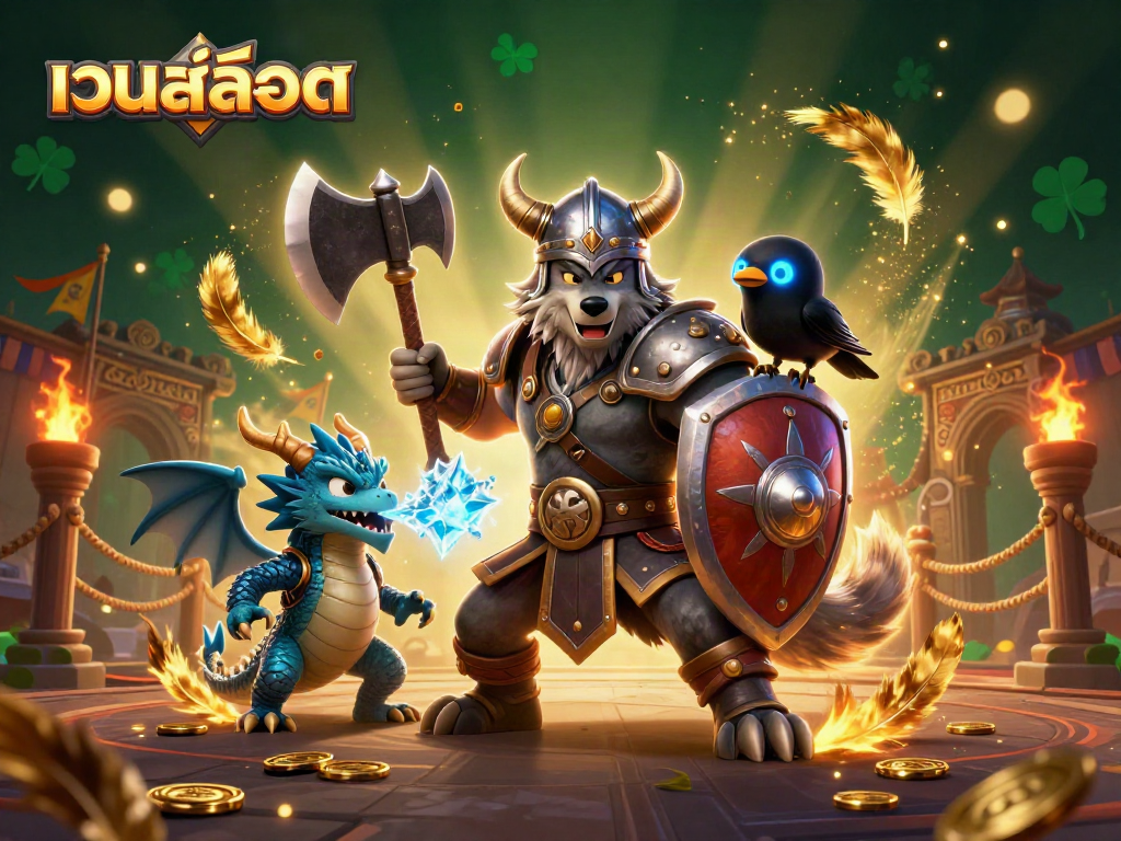 Experience เว็บสล็อต excitement with a Viking wolf warrior, a fierce dragon, and gold coins in a dynamic casino-themed illustration.