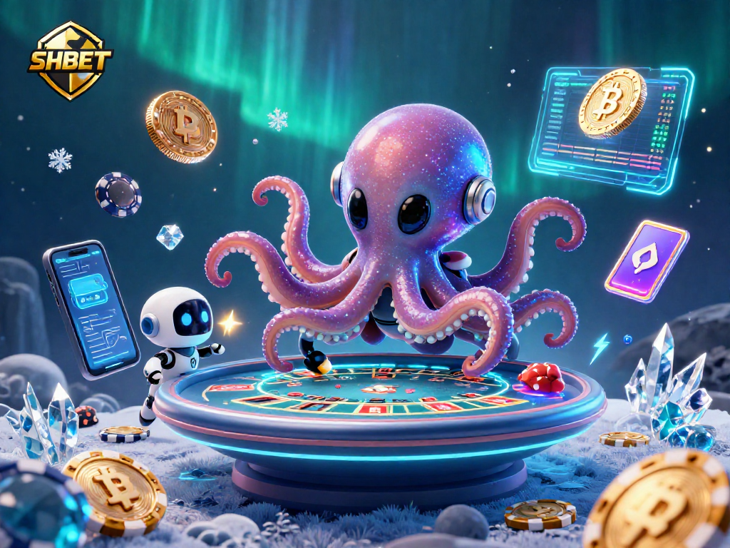 Experience SHBET's thrilling baccarat gameplay with vibrant alien characters and crypto elements.