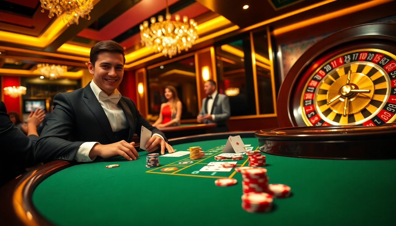 Players enjoying a thrilling moment at LC88 casino with vibrant poker games and elegant decor.
