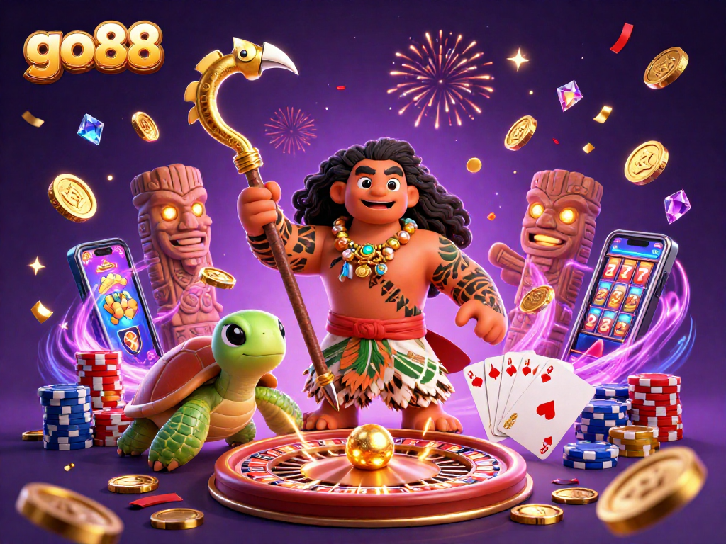 Engage in thrilling adventures with go88's Hawaiian demigod and turtle amidst a festive casino scene.