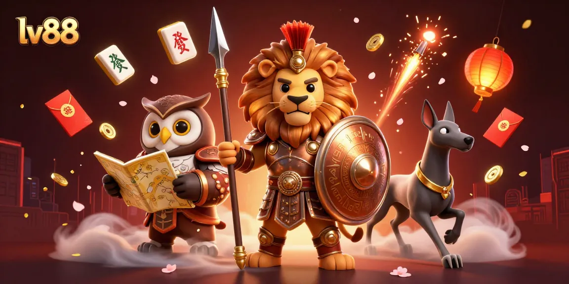Experience high stakes at lv88 Casino with a dynamic 3D illustration of lucky symbols and characters.
