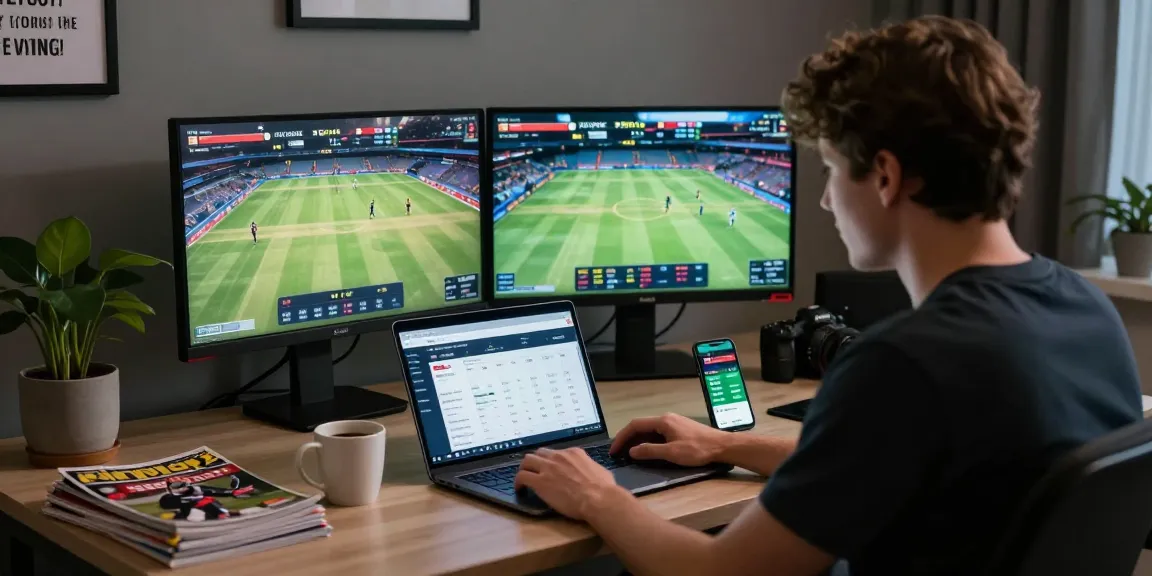 Engaging scene of a user exploring Fairplay24's online betting platform with live cricket stats and a modern desk setup.