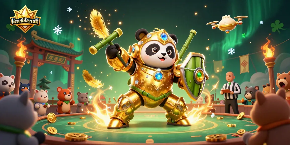 Engage in thrilling gameplay with heylinkfreecredit at the vibrant gaming arena led by a golden panda.