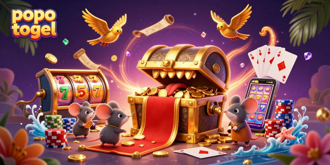 Spin the reels on popo togel with a treasure chest, gold coins, and poker chips surrounding gambling action.