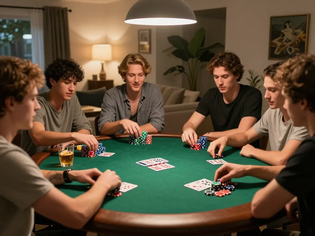 Engaging friends at a home poker game with U888, showcasing excitement and strategic gameplay.