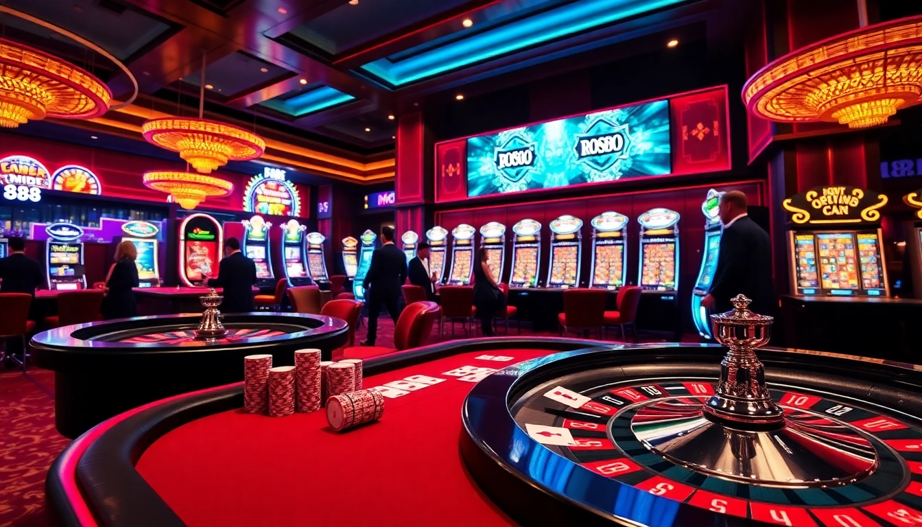 Engaging casino atmosphere featuring MM88 poker action, vibrant slots, and roulette excitement.