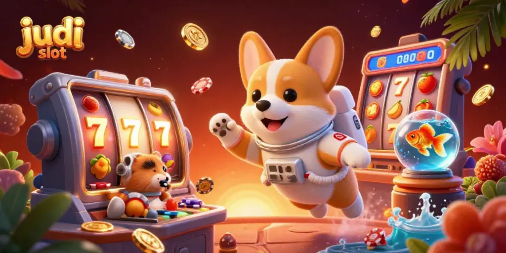 Pemain menikmati judi slot dengan karakter menarik dan atmosfer kasino yang ceria.