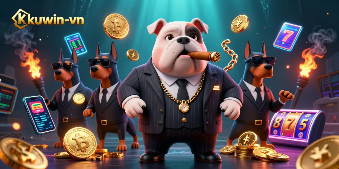Experience exciting casino action with kuwin-vn's vibrant slot games and crypto elements in this 3D illustration.
