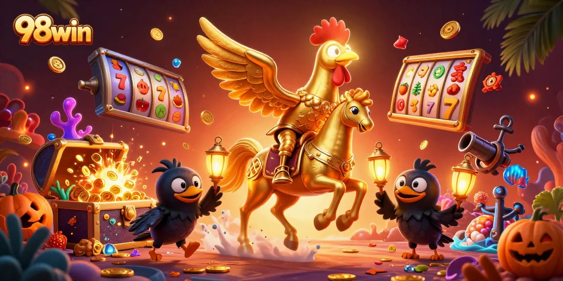 Experience thrilling wins at 98win with a golden rooster mascot embracing the casino vibe.