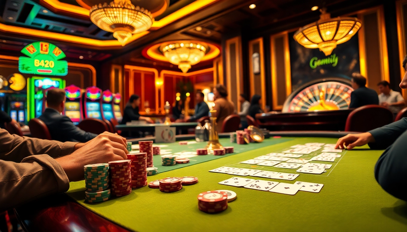 B52club players enjoying an exciting game at a vibrant casino table filled with colorful chips.