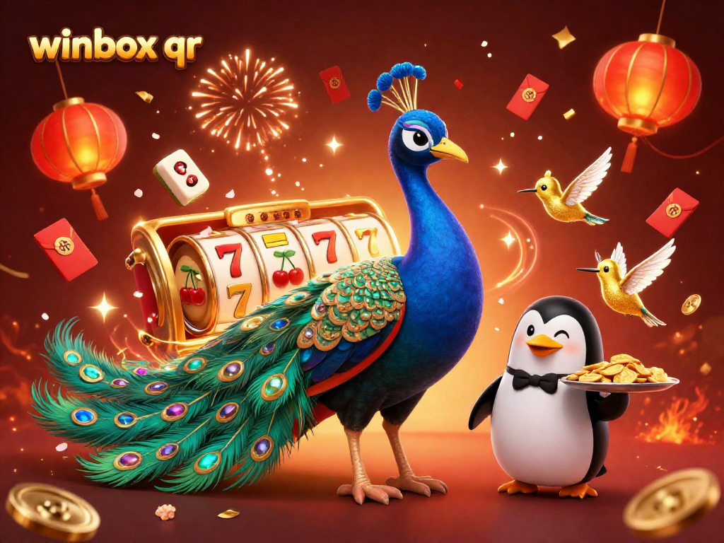 Experience winbox qr action in a vibrant casino scene featuring a peacock, a penguin with chips, and elements of luck.
