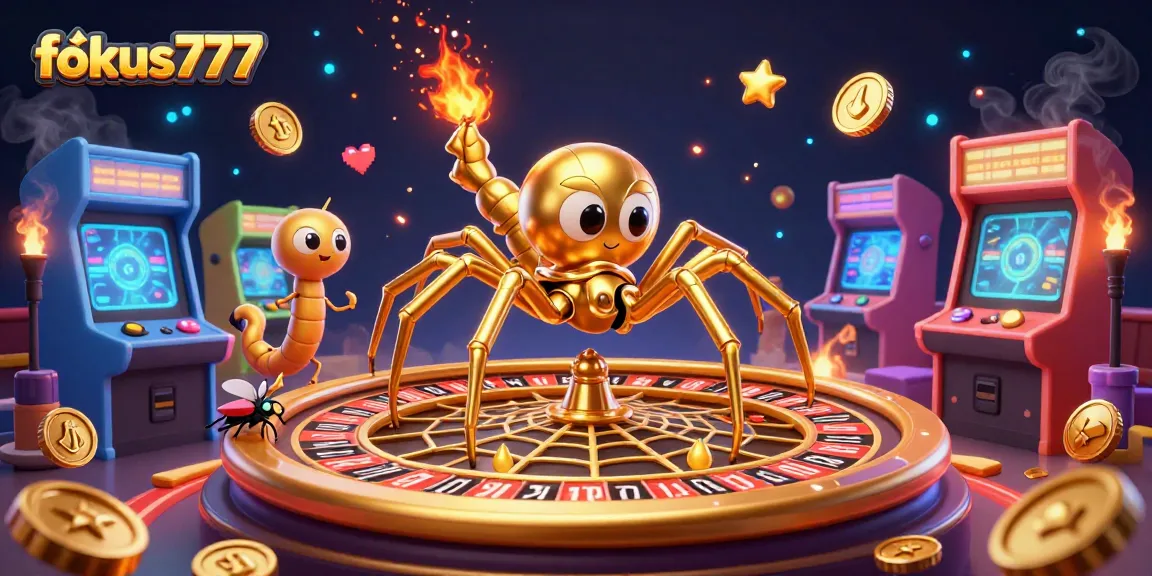 Place your bets with fokus777 in a vibrant casino scene featuring a golden spider and a centipede croupier.