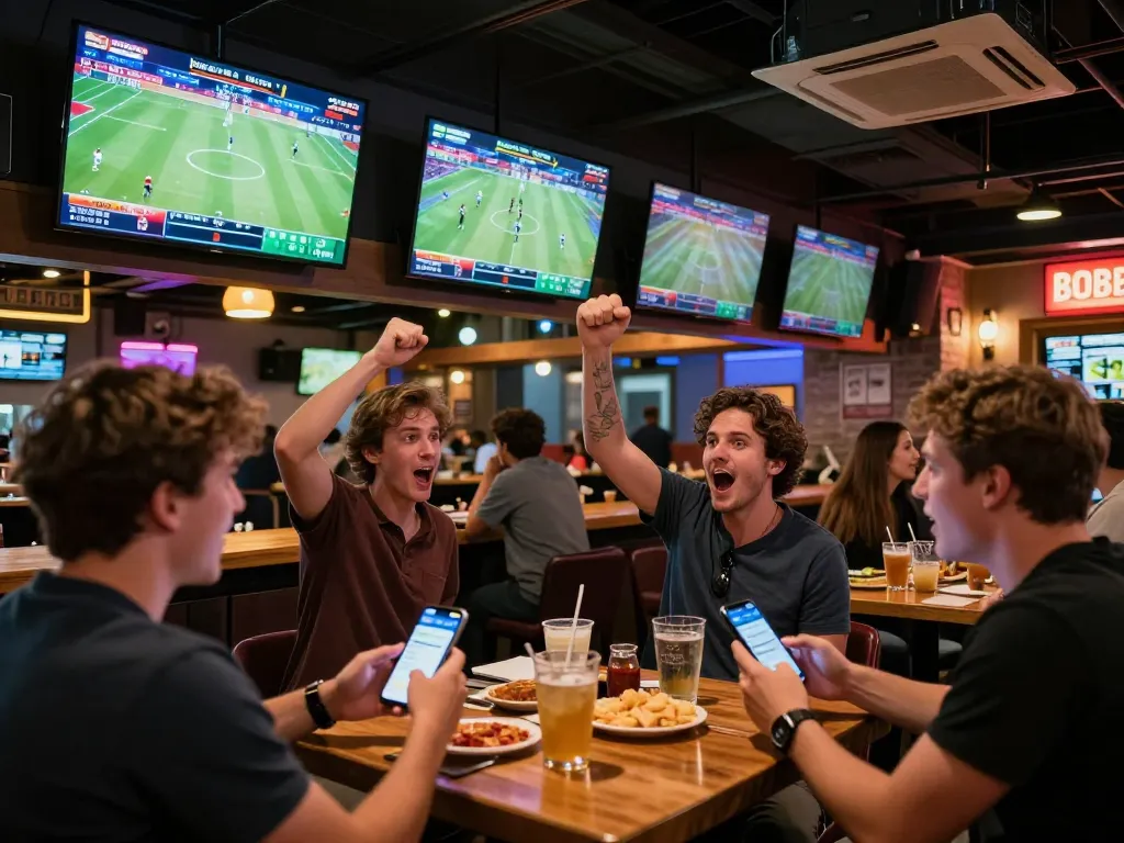 Excited patrons engaging with kebet.br.com for live sports betting in a vibrant bar setting.