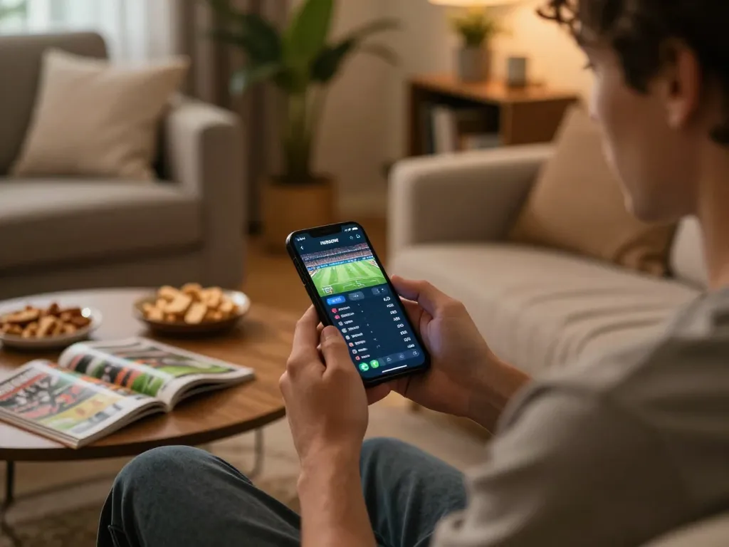 Engaging in mobile sports betting with f8beta2 app in a cozy living room setting, depicting a relaxed gaming experience