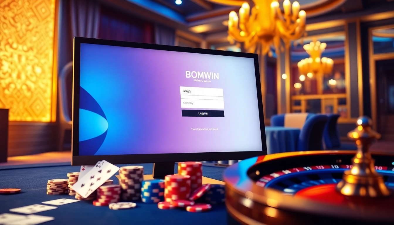 Engaging login experience for Đăng nhập bomwin, surrounded by poker chips and casino elements.