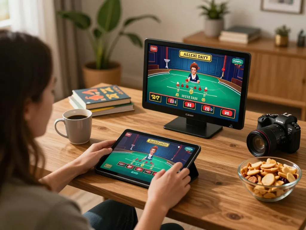 Cà Khịa TV user enjoying a live dealer blackjack game on a tablet in a cozy home setting.